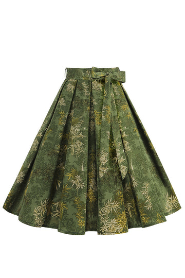 Falda de swing plisada floral verde militar de la década de 1950